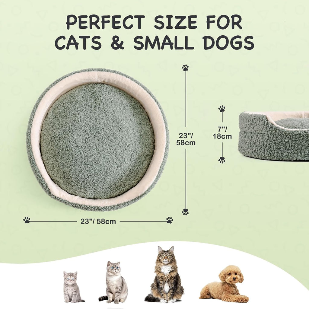 Mewoo Washable Pet Bed For Cats & Small Dogs - 23x23x7 Inch Round Orthopedic Bed With Non-Slip Bottom, Plush Indoor Cat Bed For Kittens & Puppies, Sage Green